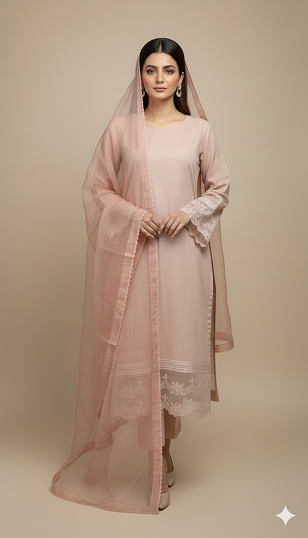 3pc Lawn With Organza Dupatta Tea Pink Color