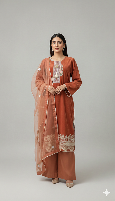 3pc Lawn With Organza Dupatta Copper Color